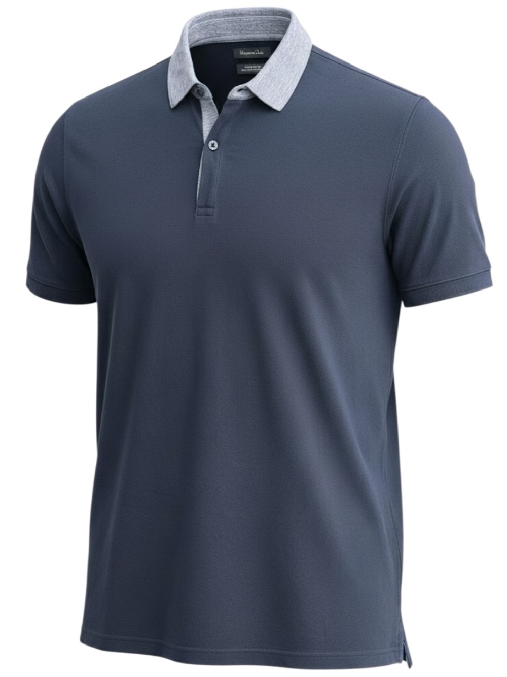 Massimo Dutti Dark Navy Heathered Grey Collar Cotton Short Sleeve Polo (L)